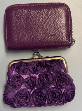 Purple Faux Leather Card Holder Wallet and Floral Coin Pouch Set 4"X3"